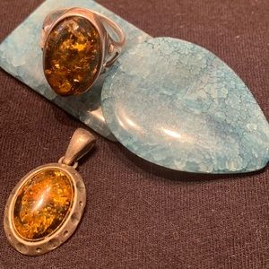 Amber and silver ring and charm (green)